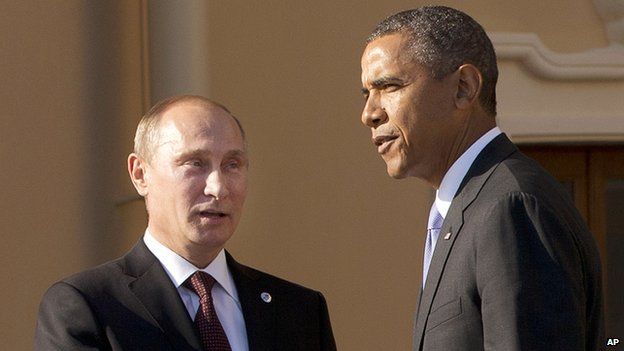 In this Sept. 5, 2013 file photo, President Barack Obama shakes hands with Russian President Vladimir Putin during arrivals for the G-20 summit at the Konstantin Palace in St. Petersburg, Russia, Thursday, Sept. 5, 2013