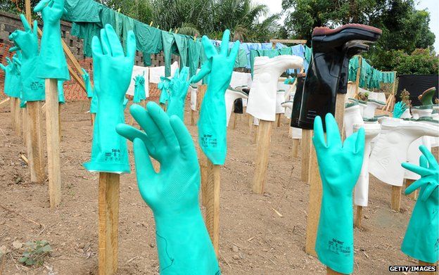 Gloves and boots used by medical staff treating people with Ebola in Guinea