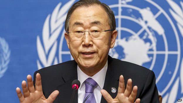 UN Secretary-General Ban Ki-moon speaks to the media during a press conference at the European headquarters of the United Nations in Geneva, Switzerland, on Tuesday, June 17