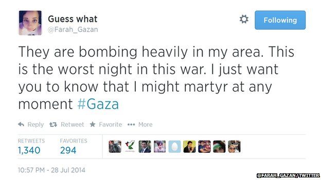 A 16-year-old girl is believed to have taken to Twitter during a bomb attack by Israel.