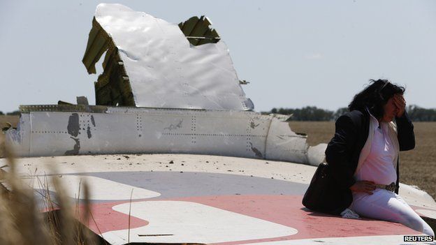Angela Dyczynski sits on a piece of wreckage of the downed Malaysia Airlines Flight MH17, during their visit to the crash site near the village of Hrabove (Grabovo), in Donetsk region July 26
