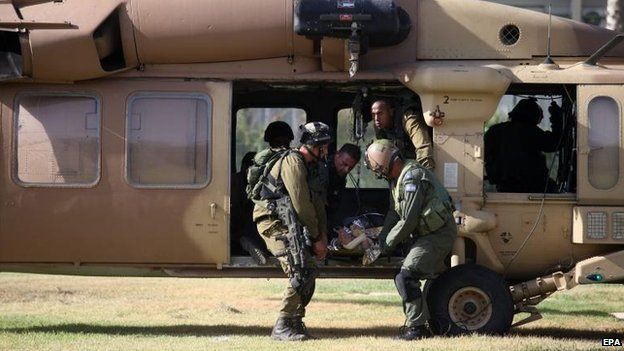 An injured Israeli soldier is airlifted to Soroka Hospital in Beersheba