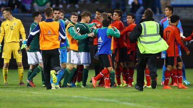Northern Ireland and Mexico players during the Milk Cup game in Coleraine