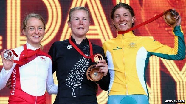 Emma Pooley of England, Linda Villumsen of New Zealand and Katrin Garfoot of Australia