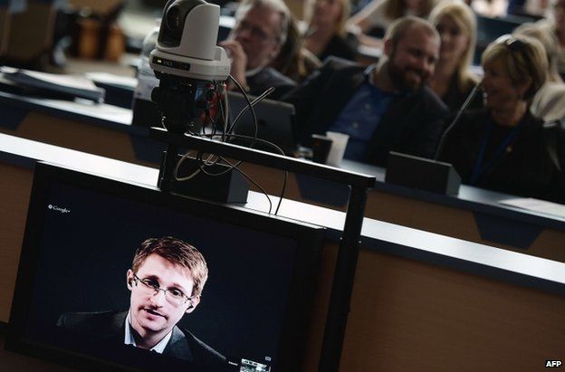 Edward Snowden speaking by video link to the Council of Europe in Strasbourg, 24 June