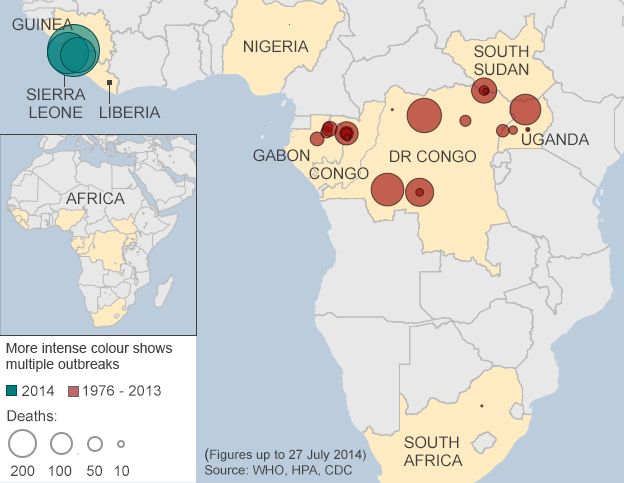 A map showing Ebola outbreaks since 1976