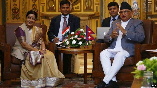 Nepalese Foreign Minister Mahendra Bahadur Pandey (R) with Indian Foreign Minister Sushma Swaraj, in Kathmandu 26 July 2014