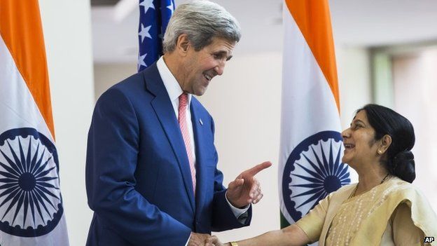 U.S. Secretary of State, John Kerry with Indian Foreign Minister Sushma Swaraj in New Delhi, India, July 31, 2014.