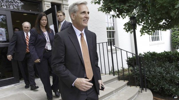 Incoming House Majority Leader Kevin McCarthy of Calif., centre, departs the Republican National Committee headquarters on Capitol Hill in Washington 15 July 2014