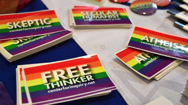 Stickers at atheism convention