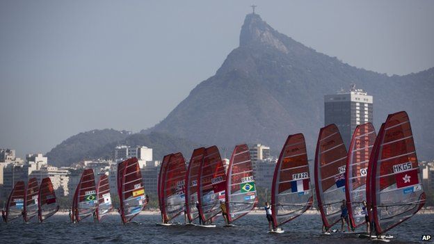 Test regatta for Rio Olympics in Guanabara Bay with the Christ the Redeemer statue in the background