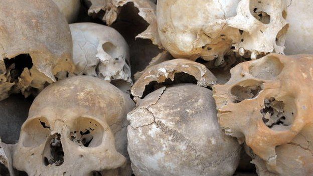 Human skulls are displayed at the Choeung Ek killing fields memorial in Phnom Penh on 16 September, 2010