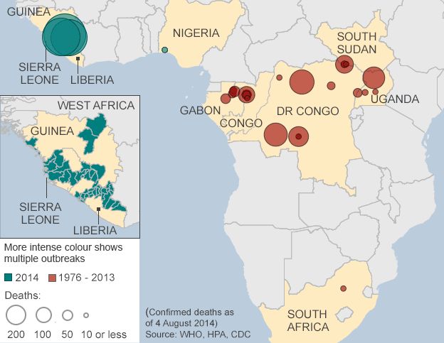 Map showing Ebola outbreaks since 1976