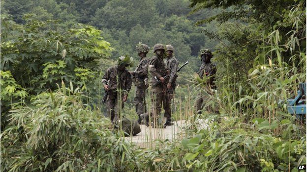 Солдаты южнокорейской армии ищут южнокорейского солдата, который скрывается после перестрелки в Косоне, Южная Корея, воскресенье, 22 июня 2014 г.