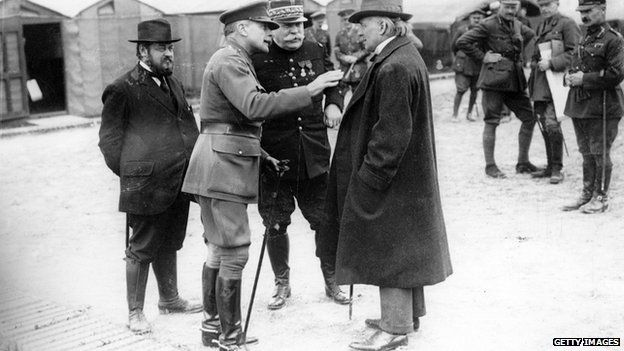 David Lloyd George with commander-in-chief of the British Expeditionary Force, Sir Douglas Haig, and General Joseph Jacques Cesaire Joffre, commander-in-chief of the French armies
