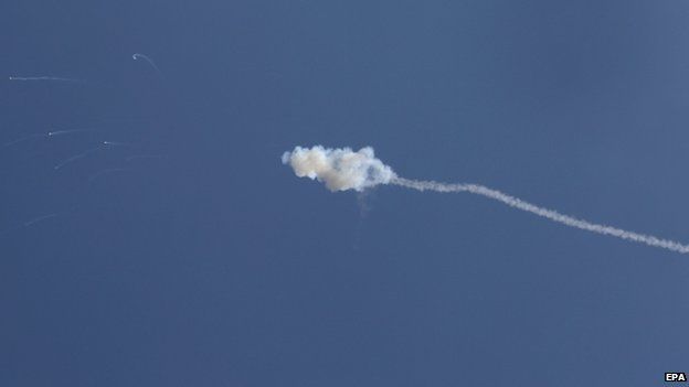 Iron Dome shoots down a rocket over southern Israel (8 August 2014)
