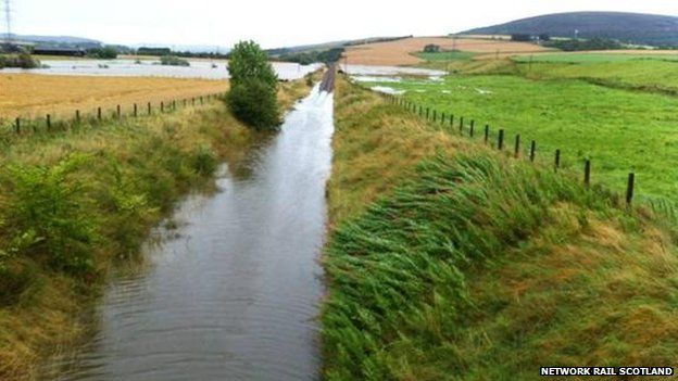 The rail line at Huntly under water