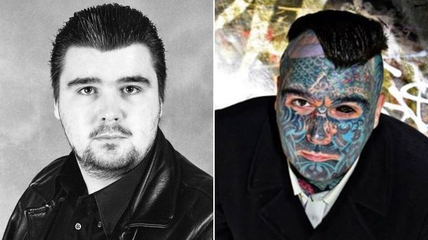 Two photos show Body Art before and after he had his face covered in tattoos