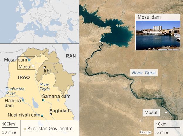 Map of Mosul dam, Iraq