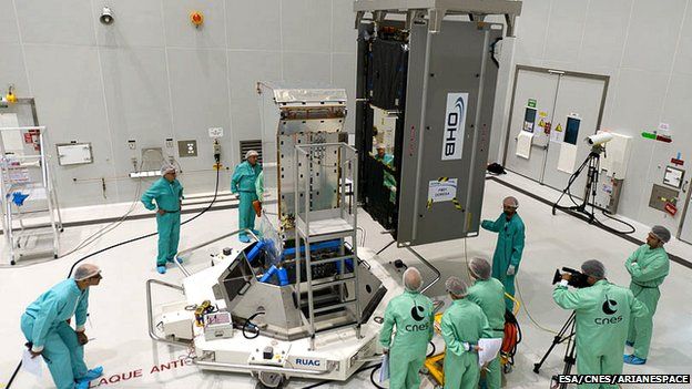 Technicians at Kourou install the Galileo satellite “Doresa” on its payload dispenser system