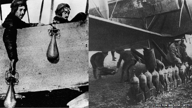 On the left, RAF pilots pose with bombs dropped by hand, on the right, bombs being loaded into a Handley Page heavy bomber
