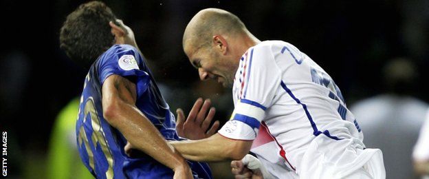 France captain Zinedine Zidane headbutts Italy defender Marco Materazzi in the 2006 Word Cup finak
