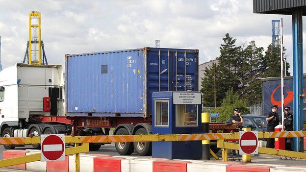Container on lorry at entrance to Tilbury Docks (file picture)
