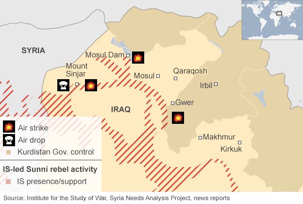 Map showing US air strikes in northern Iraq