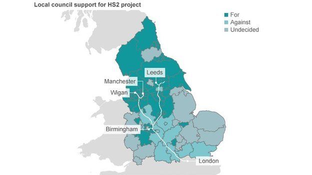 A map showing that support for HS2 is largely confined to northern councils