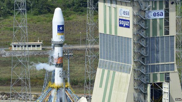 A Soyuz rocket carrying two Galileo satellites and a mobile gantry at Europe's spaceport in French Guiana