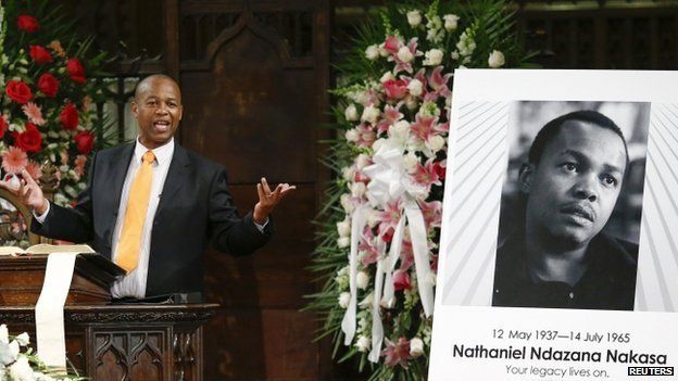 Sipho Masondo, nephew of exhumed South African journalist Nathaniel Nakasa, speaking during a memorial service for his uncle Nat Nakasa in the Broadway Presbyterian Church in New York, 16 August 2014
