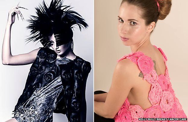 Gothic latex dress (left) and pink spiral loom band top