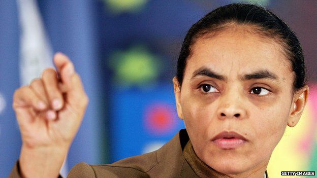 Marina Silva gestures during a press conference at the Planalto Palace on 26 August 2005, in Brasilia.