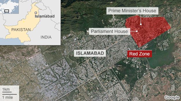 Satellite image showing the location of the high-security red zone in Islamabad, Pakistan