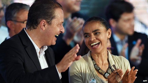 Eduardo Campos and Marina Silva speak during their candidacy pre-launch ceremony in Brasilia on April 14, 2014.