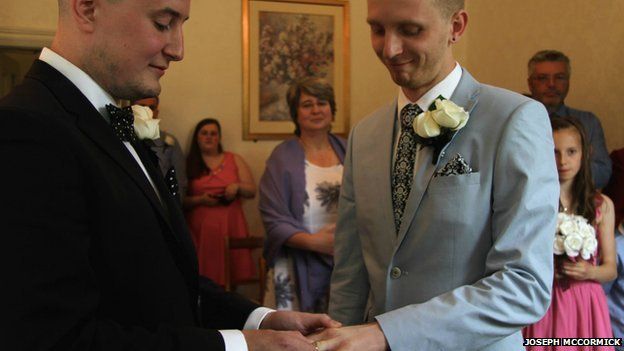 Joseph McCormick (left) and James Hanson are married at Kingston Register Office