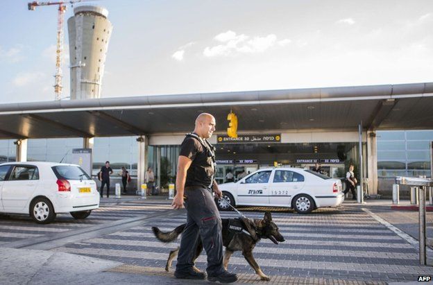 A sniffer dog patrol at Ben Gurion airport, Tel Aviv, 21 August