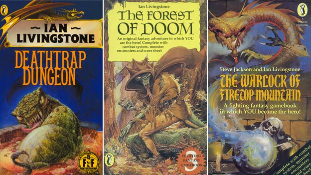 Covers for three Fighting Fantasy books: Deathtrap Dungeon, The Forest of Doom and The Warlock of Firetop Mountain