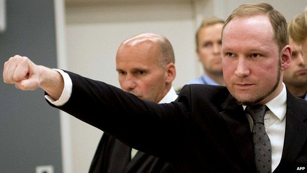 Andres Behring Breivik making a salute at court during his trial for killing 77 people in 2011