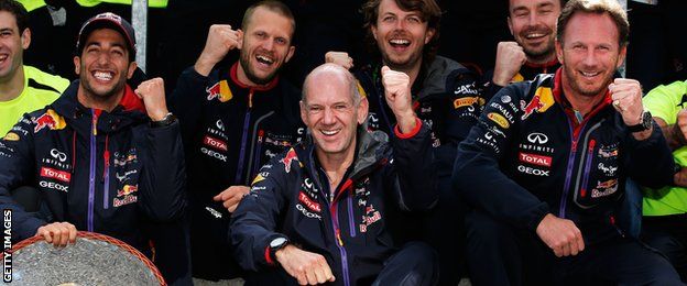 Red Bull team celebrate- Daniel Ricciardo, Adrian Newey and Christian Horner