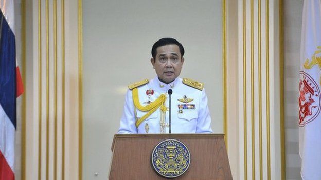 A handout photo made available by the Thai government show Thai military junta head and newly appointed Prime Minister General Prayuth Chan-ocha reading a statement after he received the Royal command at the Army headquarters in Bangkok, Thailand, 25 August 2014