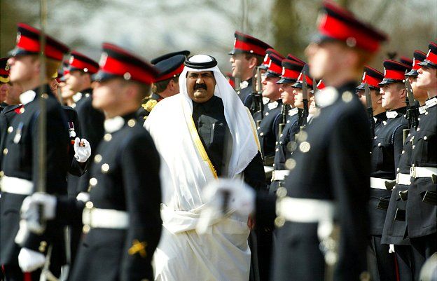 Her Majesty The Queen's Representative His Highness Sheikh Hamad bin Khalifa Al-Thani, The Emir of Qatar inspects soldiers during the 144th Sovereign's Parade held at The Royal Military Academy Sandhurst on April 8, 2004 in Camberley, England. Some 470 Officer cadets took part of which 219 were commissioned into the British Army