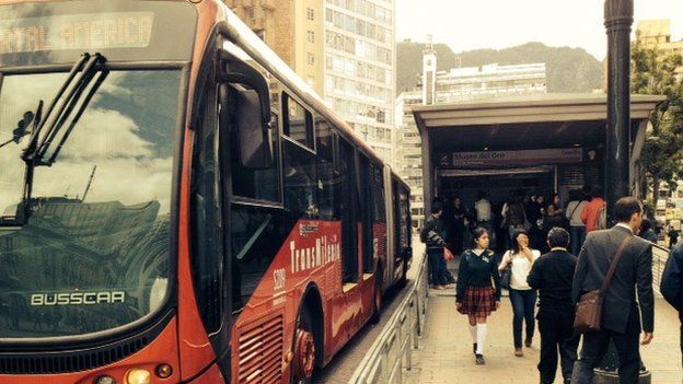 A Transmilenio bus in Bogota, Colombia