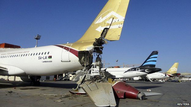Damaged plane at Tripoli airport. 25 Aug 2014