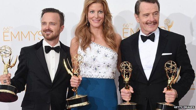 Breaking Bad actors Aaron Paul, Anna Gunn and Bryan Cranston with their Emmy Awards. 25 Aug 2014