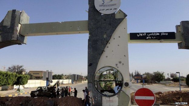 The damaged entrance to Tripoli International Airport, captured by by fighters from the Libyan Dawn coalition from Zintan militias, 24 August.