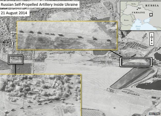 Handout of a satellite image provided to Reuters by Supreme Headquarters Allied Powers Europe (SHAPE), showing what is reported by SHAPE a presence of Russian Self-Propelled Artillery in Ukraine