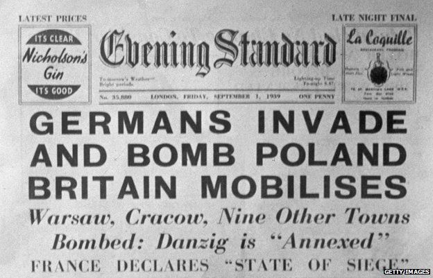 Headline reads: "Germans invade and bomb Poland - Britain mobilises"