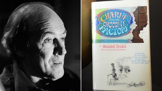 Roald Dahl and a first edition of Charlie and the Chocolate Factory