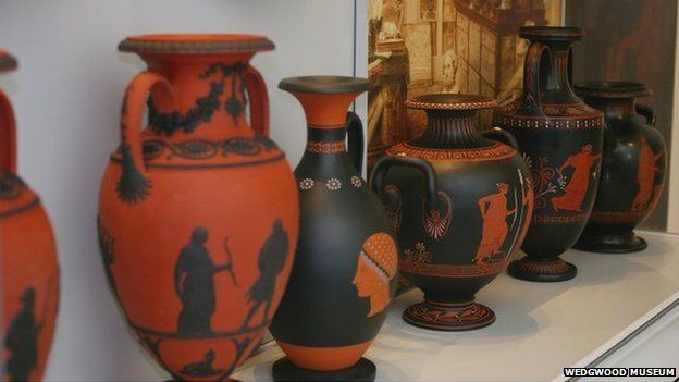 18th Century rosso antico and encaustic painted black basalt vases. Photo: Wedgwood Museum